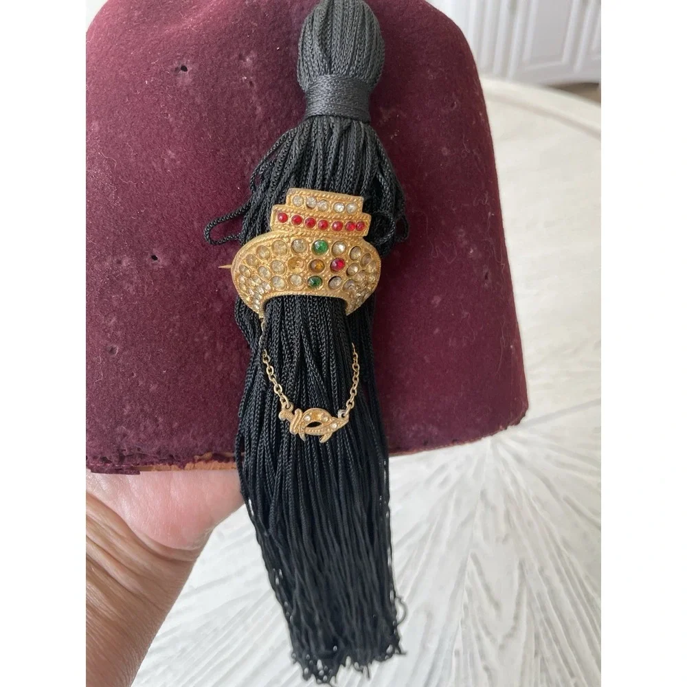 Vtg  BEN HUR Rhinestone Red Wool Shriners Masonic Fez Hat w/Jeweled Tassel Pin